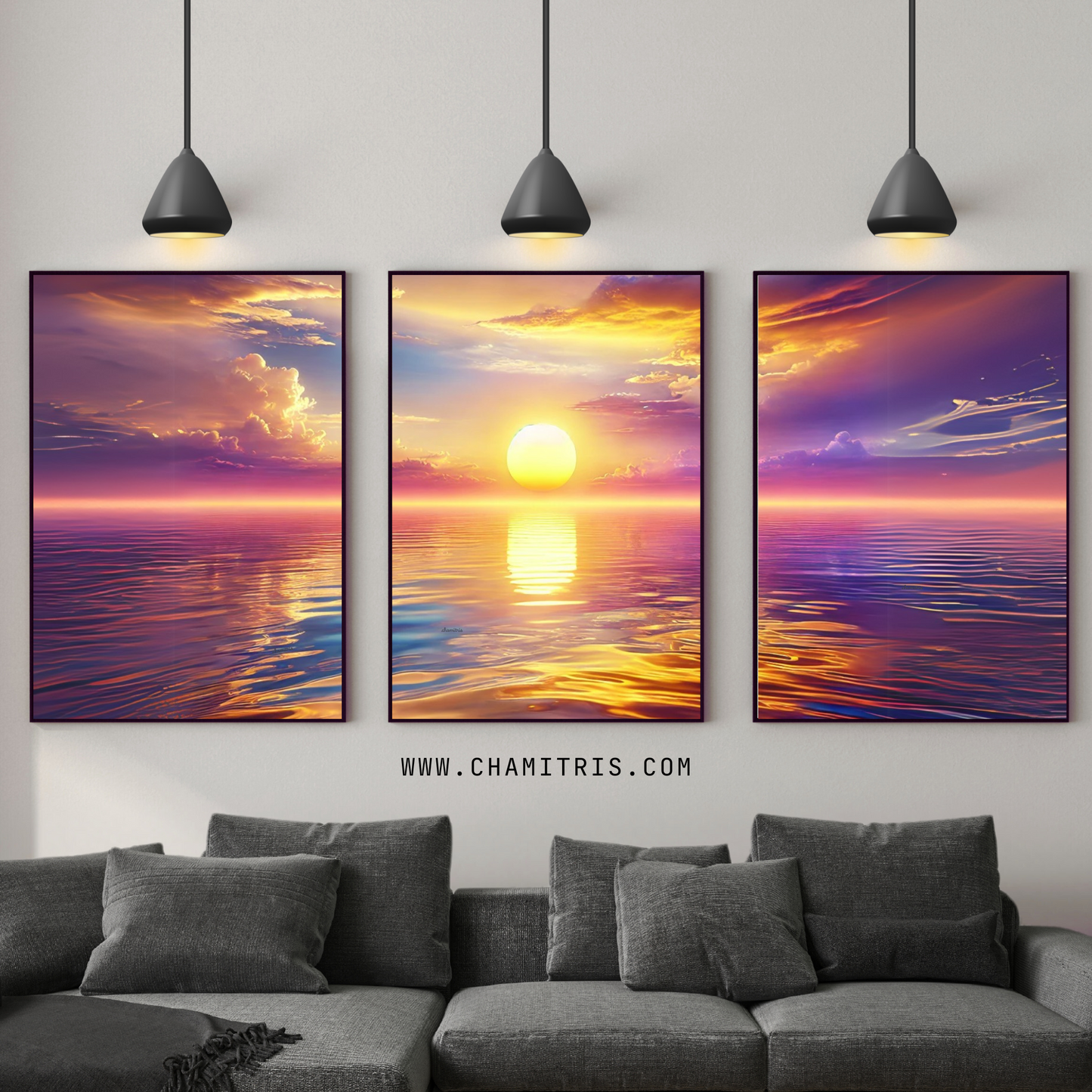 Classic Sunset Ocean View Modern Wall Art Bundle - Poster 3PCS